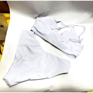 Women's White‎ Two Piece Bikini Medium High Waisted Bottom Adjustable Top